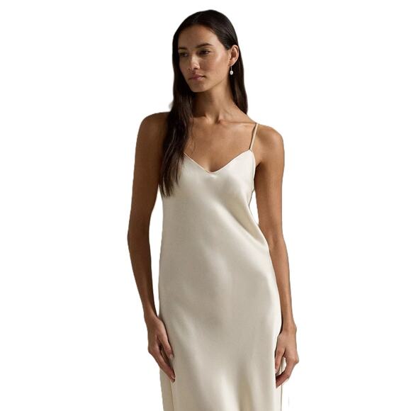 Polo Ralph Lauren Women Beige Satin V-neck Spaghetti Midi Slip Dress Size US 0 - Picture 3 of 10